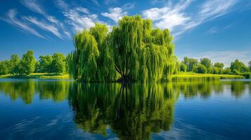 Weeping willow trees drape gracefully over tranquil riverbank, their flowing branches reflected perfectly in water beneath blue sky with white clouds on summer day. environment photo