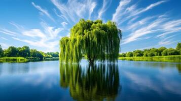 Weeping willow trees drape gracefully over tranquil riverbank, their flowing branches reflected perfectly in water beneath blue sky with white clouds on summer day. gentle photo