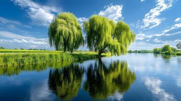 Weeping willow trees drape gracefully over tranquil riverbank, their flowing branches reflected perfectly in water beneath blue sky with white clouds on summer day. trees photo