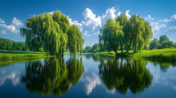 Weeping willow trees drape gracefully over tranquil riverbank, their flowing branches reflected perfectly in water beneath blue sky with white clouds on summer day. river photo