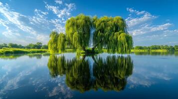 Weeping willow trees drape gracefully over tranquil riverbank, their flowing branches reflected perfectly in water beneath blue sky with white clouds on summer day. sky photo