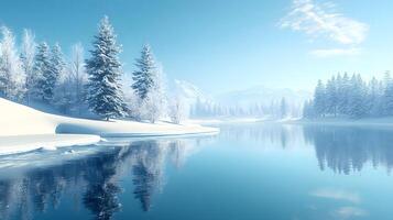 Snow-covered pine forest reflects perfectly in crystal-clear lake, creating mirror image under pristine blue sky, capturing serene winter morning in untouched wilderness. barren photo