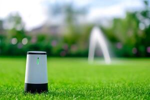 Smart moisture sensor in lush green park for relaxing garden fun photo