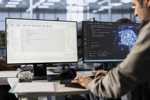 System administrator doing data center automation using AI and machine learning tools. IT specialist integrating artificial intelligence driven automation in server room operations photo