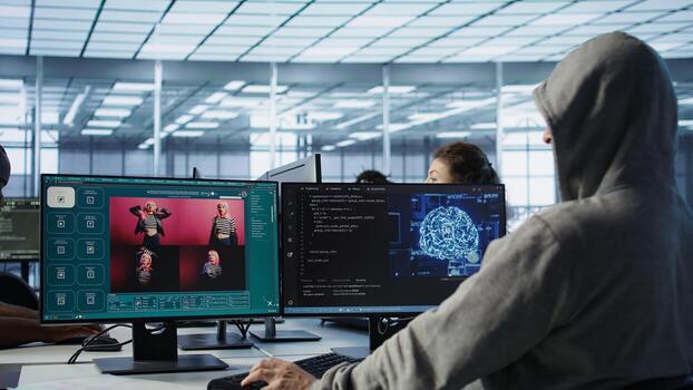 Admin in server hub coding AI program turning text prompt into photos. IT expert in data center using computer to build text to image artificial intelligence generative models, camera B photo