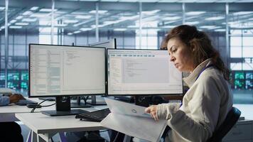 Employee overseeing server room, reading documentation paperwork, troubleshooting hardware. Supervisor doing inspection in server hub, reading technical files at computer desk, camera B photo