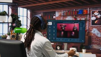 Woman at home using AI software turning text prompt into photos, drinking coffee. Girl in apartment enjoying hot beverage and using text to image artificial intelligence generator, camera B photo