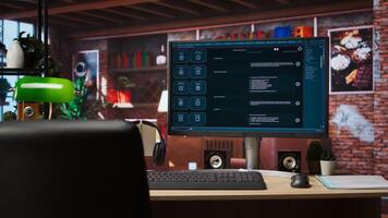 Focus on AI LLM chatbot GPT software on PC monitor in modern home office. Jib down shot of large language model application on computer display communicating with user through artificial intelligence photo