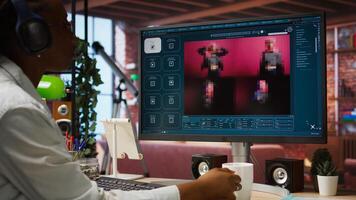 Woman in apartment using AI software turning text prompt into photos, drinking coffee and listening music. African american person in cozy home uses text to image generative models on PC, camera A photo