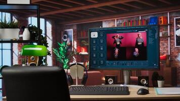 Computer in home office uses artificial intelligence generating images from basic text prompts. AI GPT generating photographs using computer vision and natural language processing, jib up shot photo