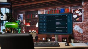 AI LLM chatbot software interface on PC in home office showing virtual assistant answering user prompts. Large language model program on monitor using artificial intelligence, jib up shot photo