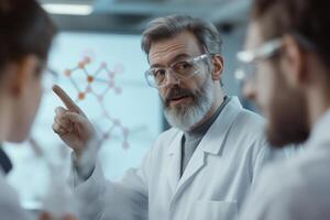 Scientist discussing research with colleagues in a laboratory setting. photo