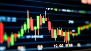 A close-up of a stock market chart displaying candlestick patterns. photo