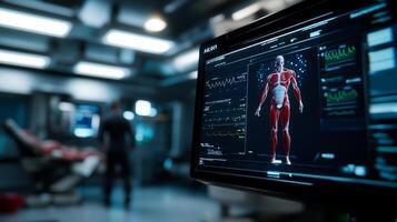 A high-tech medical display showing a 3D human anatomy model. photo