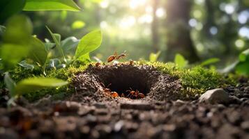 A close-up view of an ant colony entrance in a lush forest setting. photo