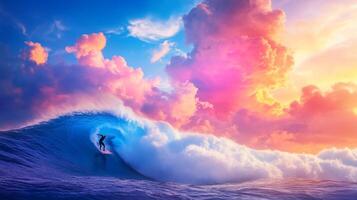 A surfer riding a large wave under a colorful sunset sky. photo