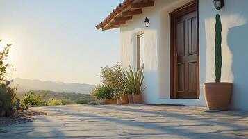 A serene entrance to a home with desert plants and mountains in the background. photo