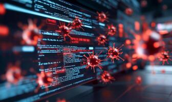 Digital representation of viruses with code background, symbolizing cyber threats. photo