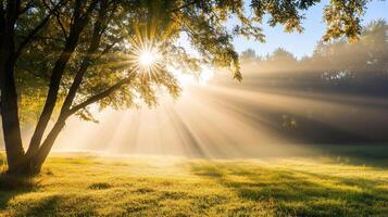 Serene morning light filtering through trees in a misty landscape. photo