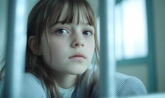 A contemplative young girl gazes through bars, evoking a sense of isolation. photo
