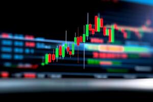 A blurred stock market chart displaying candlestick patterns and data. photo
