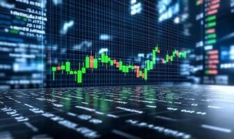 A digital stock market chart displaying upward trends and data. photo