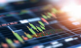 A close-up of a financial trading chart displaying candlestick patterns. photo