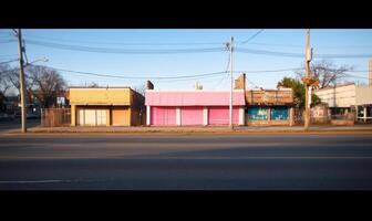 A row of storefronts with varying colors and styles along a street. photo