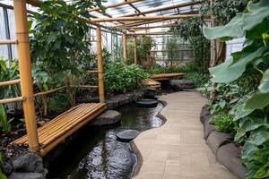 A serene indoor garden with pathways, plants, and a small water feature. photo
