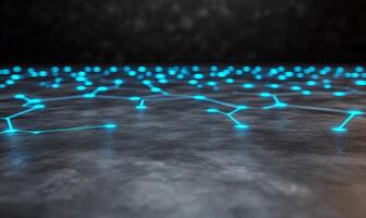A digital network representation with glowing blue nodes on a dark surface. photo