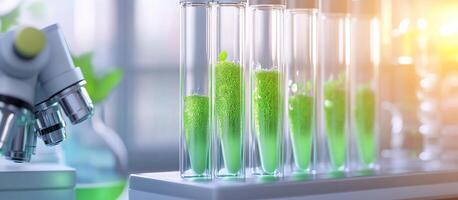 Test tubes with green plant samples under a microscope in a lab. photo