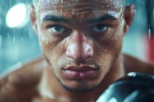 Intense close-up of a focused boxer, highlighting determination and sweat. photo