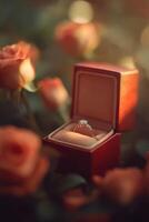 vertical image close-up on a diamond ring in a small open box, with a blurred romantic background of roses, soft composition with warm golden lighting photo