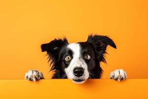 Cute young frightened fluffy border collie dog peeks out of a yellow paper barrier with his paws on it on bright yellow background photo