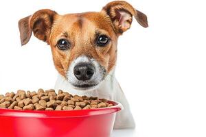 close-up portrait dog with red bowl of dry food isolated on a white background photo