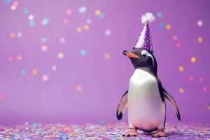 cute penguin bird in festive party hat on light violet with confetti background with copy space, template for birthday celebration design photo