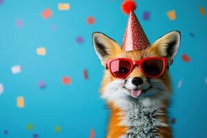 cute playful red fox in festive party hat and sunglasses showing tongue on light blue with confetti background with copy space, template for birthday celebration design photo