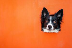 cute playful border collie dog peeking out from hole in bright orange wall template with copy space photo