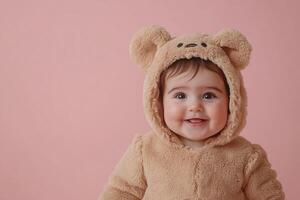 portrait cute smiling baby dressed in cozy bear costume on pastel pink background with copy space photo
