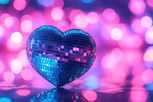romantic postcard with disco mirror heart on pink and blue bokeh background with copy space photo
