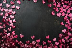 top view many small pink shimmering hearts with glitter border frame on black background with copy space in center photo