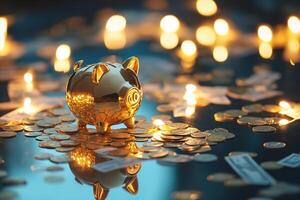 close-up golden piggy bank with scattered coins and bills on a reflective surface, concept of stock market, financial savings and economy photo