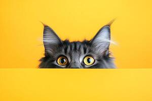close-up fluffy tabby cat maine frightened peeking out on bright yellow background with copy space photo