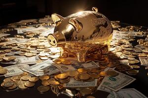 concept of stock market, financial savings and economy close-up golden piggy bank with scattered coins and bills on a reflective surface photo