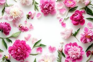 luxury floral template top view beautiful pink peonies border frame on white table with copy space photo