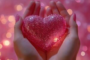 close-up of hands holding pink glitter heart on blurred bokeh background with sparkles photo