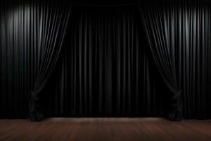 empty elegant scene background, black curtain on stage with wooden floor of theater or cinema slightly ajar photo