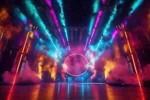 empty stage with colorful lighting effects, smoke machines creating smoke, dynamic composition with vibrant neon lighting photo