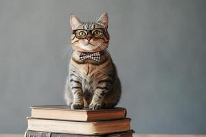 cute clever tabby cat in glasses and bow tie sitting on a stack of books on grey wall background with copy space photo