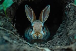 Curious rabbit emerging from burrow in nature photo